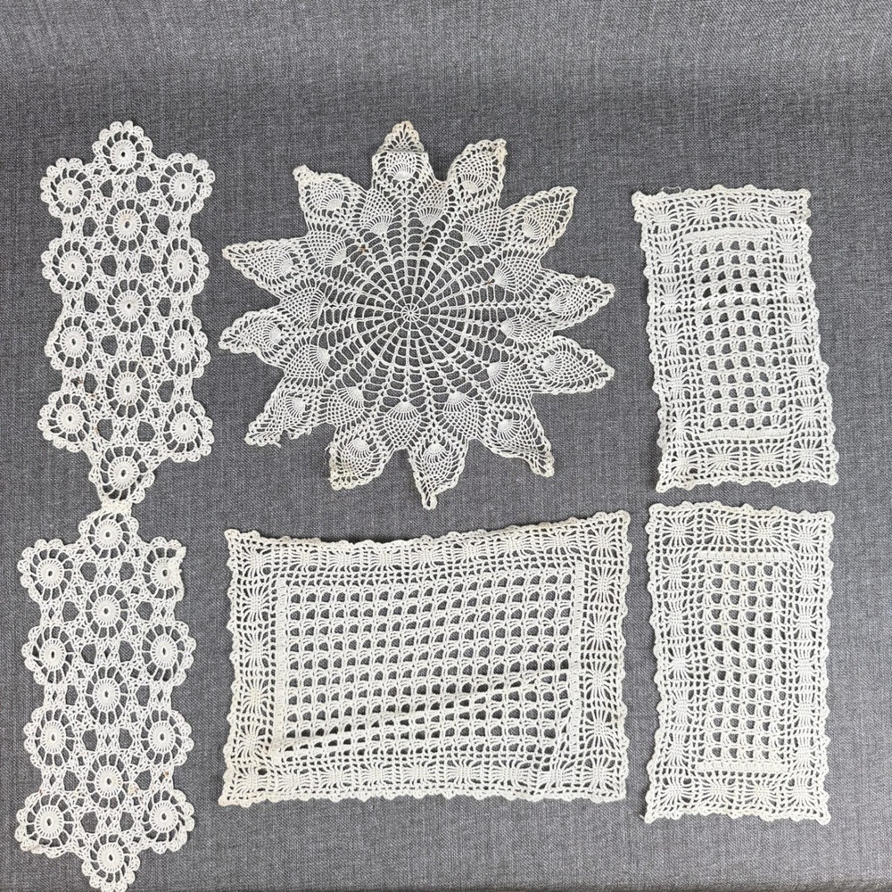 Vintage Handmade Crochet Doilies White Lace Table Linens - lot of 6